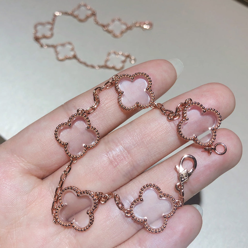 [クローバージュエリー]クローバー 5モチーフ ロッククリスタル ピンクゴールドブレスレット