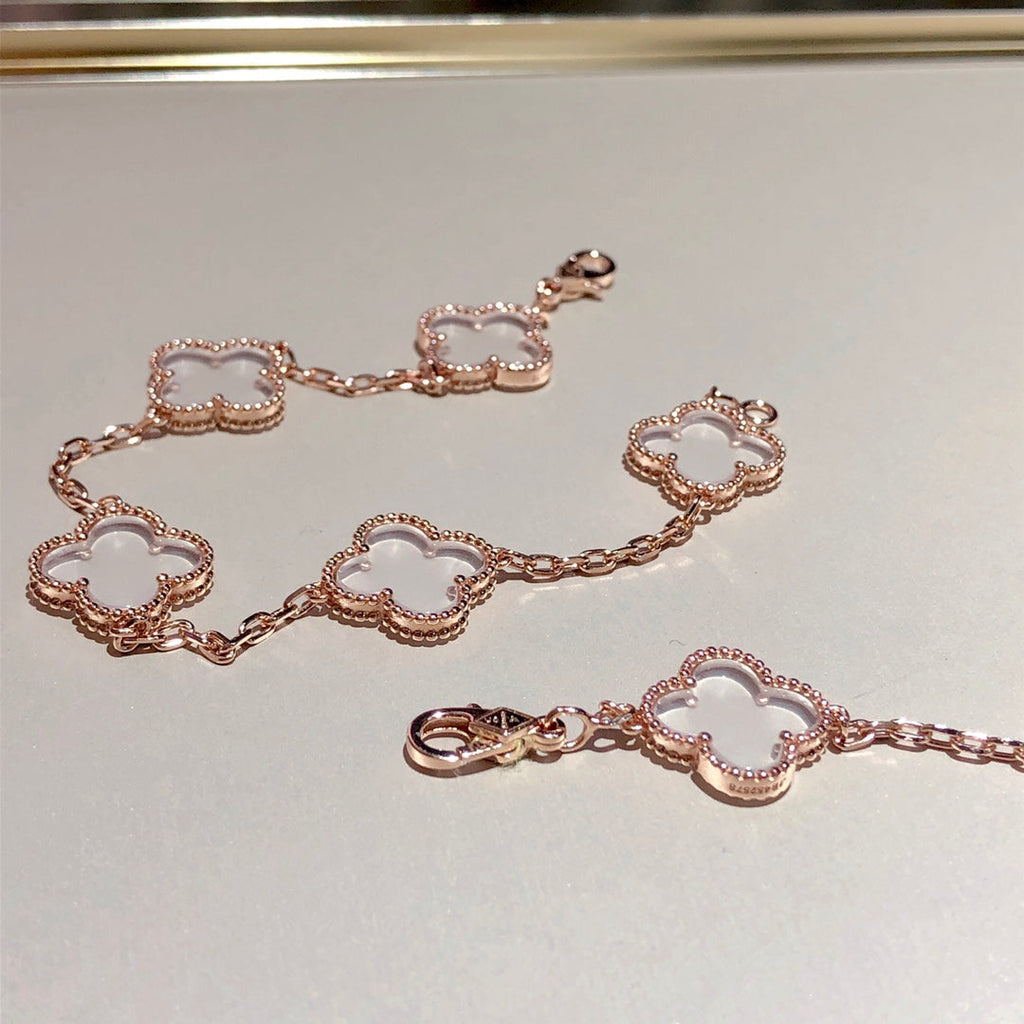 [クローバージュエリー]クローバー 5モチーフ ロッククリスタル ピンクゴールドブレスレット