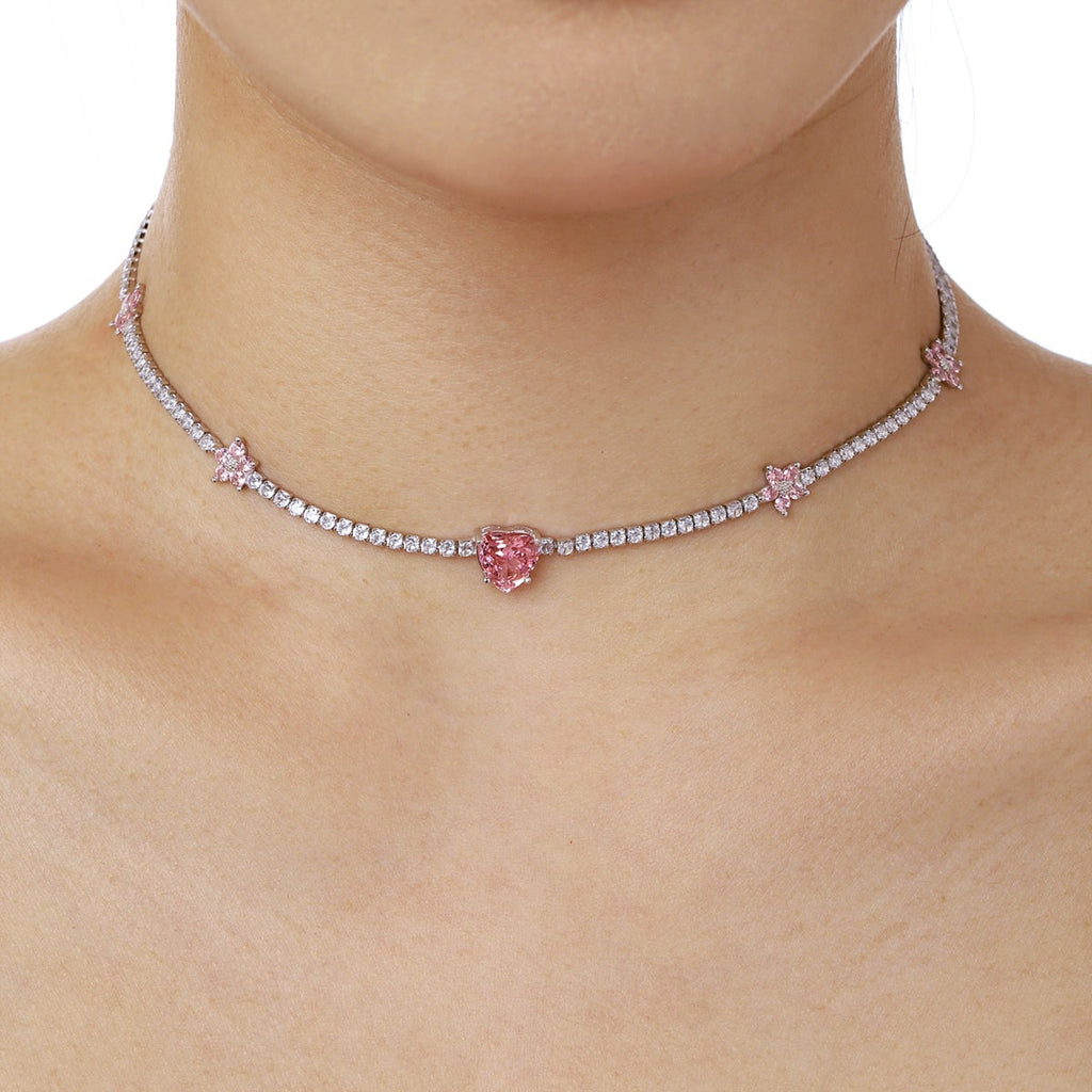 [Clover Jewelry]煌めくピンクのハートフラワーネックレス