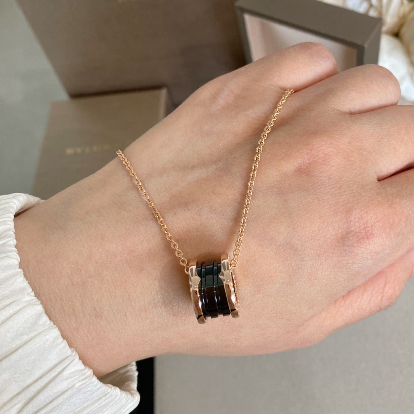 [Clover Jewelry]ZERO 1 BLACK CERAMIC PINK GOLD NECKLACE