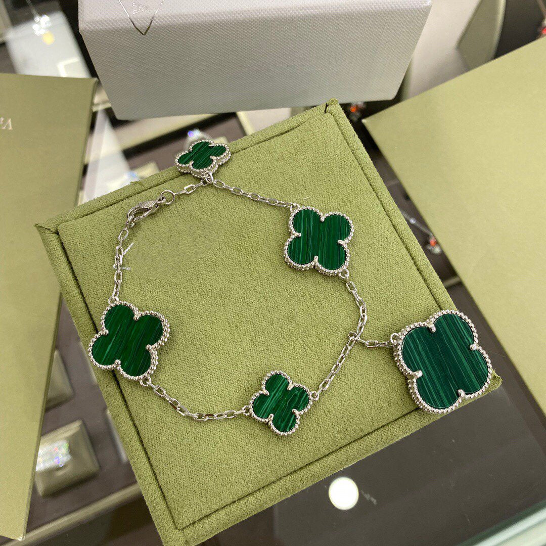 [Clover Jewelry]CLOVER 5 MOTIFS SIVLER MALACHITE BRACELET