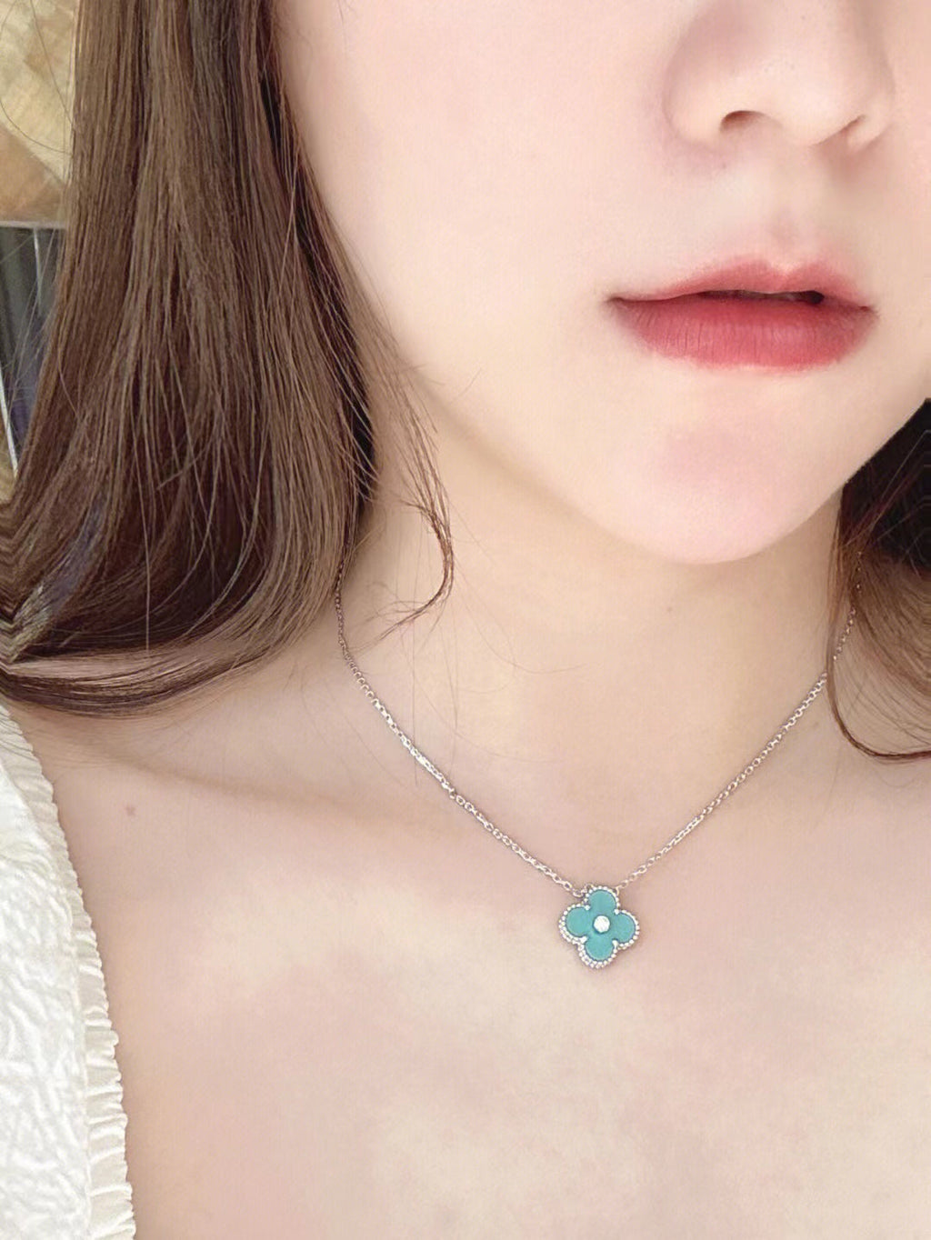 [Clover Jewelry]CLOVER 1 DIAMOND LIGHT BLUE SILVER NECKLACE