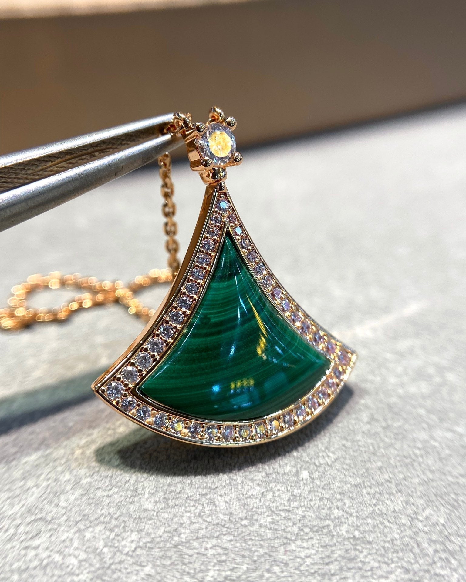 [Clover Jewelry]DREAM MALACHITE DIAMOND PAVED PINK GOLD NECKLACE