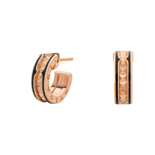 [Clover Jewelry]ZERO 1 ROCK PINK GOLD EARRINGS WITH STUDDED SPIRAL AND BLACK CERAMIC