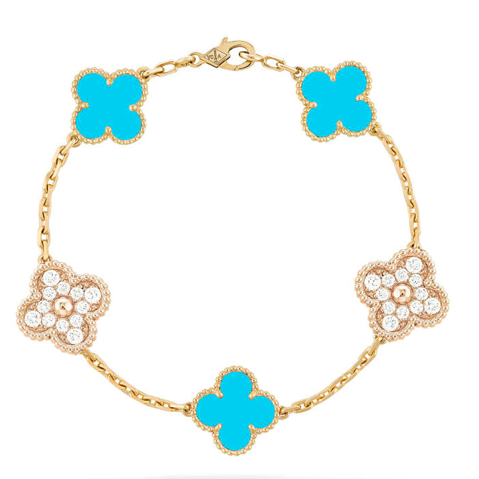 [Clover Jewelry]CLOVER 5 MOTIF TURQUOISE DIAMOND GOLD BRACELET