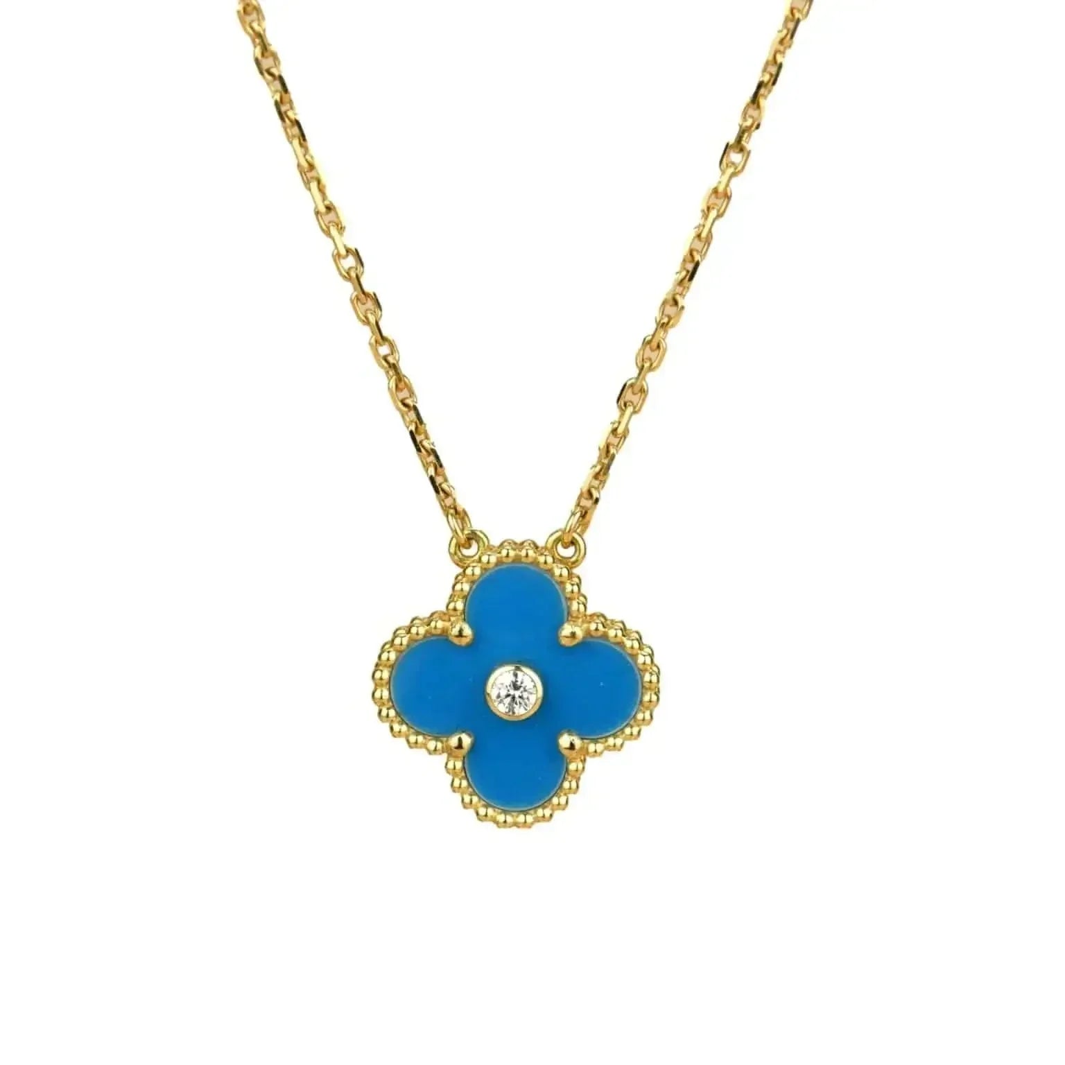 [Clover Jewelry]CLOVER 15MM DIAMOND AND BLUE AGATE NECKLACE
