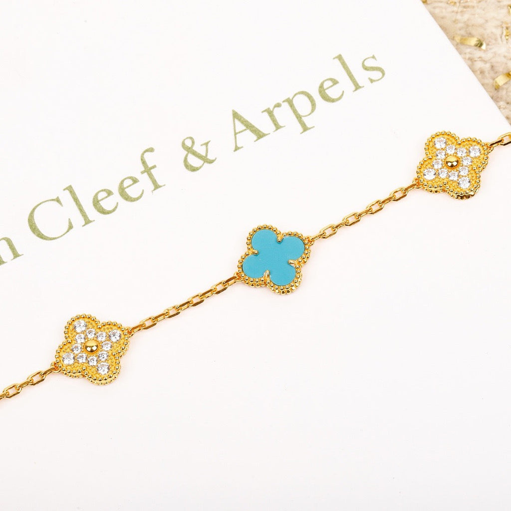 [Clover Jewelry]CLOVER 5 MOTIF TURQUOISE DIAMOND GOLD BRACELET