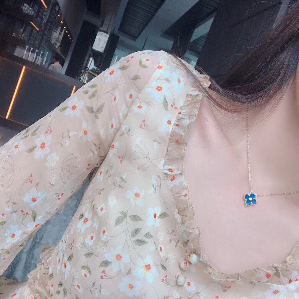 [Clover Jewelry]CLOVER 15MM DIAMOND AND BLUE AGATE NECKLACE