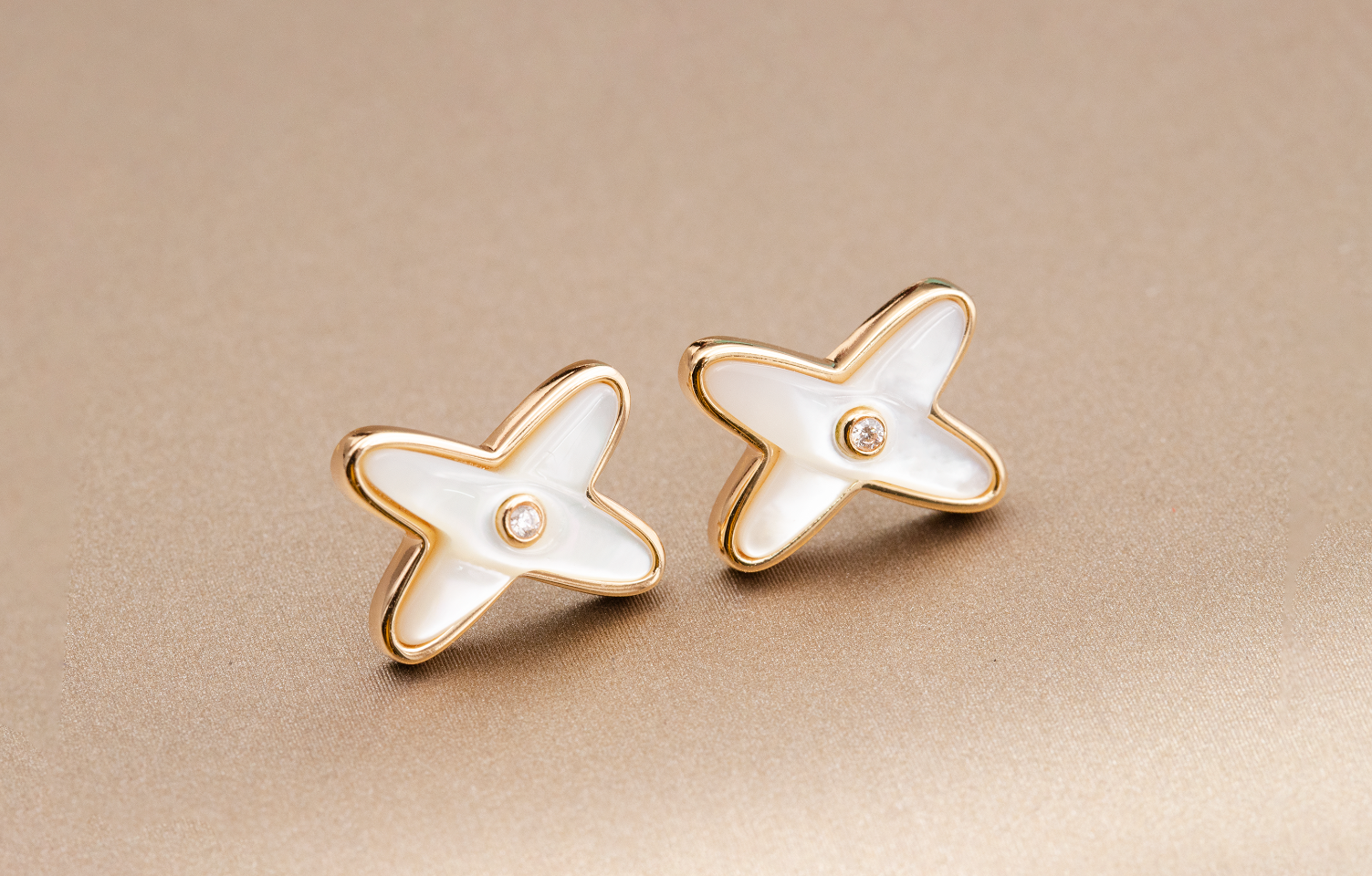 [Clover Jewelry]JEUX DE WHITE MOP ROSE GOLD DIAMOND EARRINGS