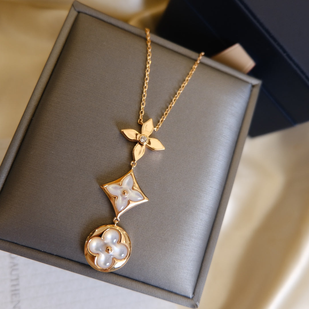 [Clover Jewelry] COLOR BLOSSOM LARIAT HALSKETTE ROSÉGOLD WEISSE PERLMUTT UND DIAMANT