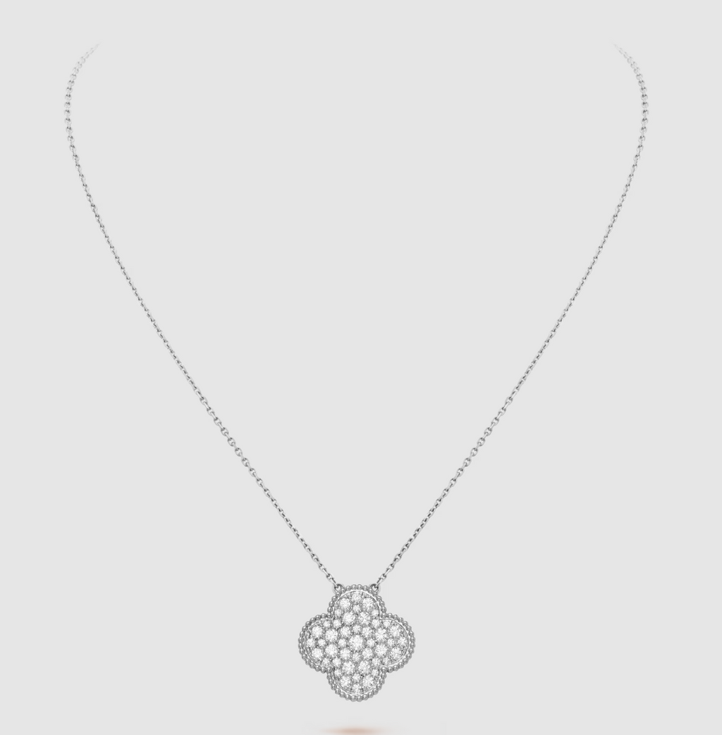 [Clover Jewelry]CLOVER 25MM LARGE PENDANT DIAMOND PAVED SILVER NECKLACE