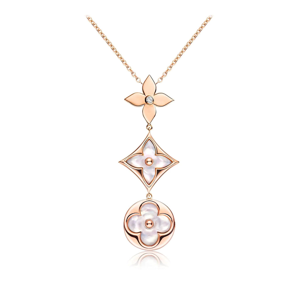 [Clover Jewelry] COLOR BLOSSOM LARIAT HALSKETTE ROSÉGOLD WEISSE PERLMUTT UND DIAMANT