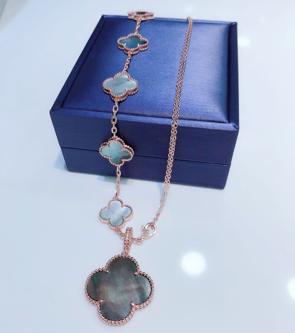 [Clover Jewelry]COMBINED BRACELET 5 MOTIFS AND NECKLACE DARK MOP ROSE GOLD