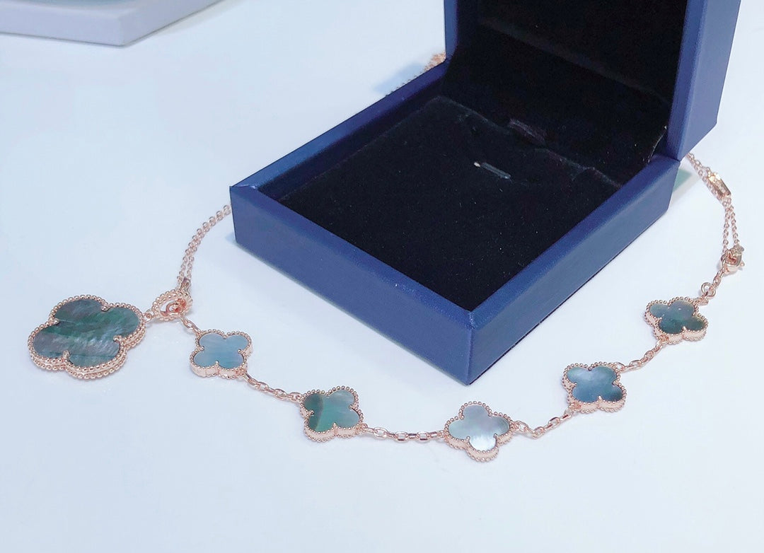 [Clover Jewelry]COMBINED BRACELET 5 MOTIFS AND NECKLACE DARK MOP ROSE GOLD
