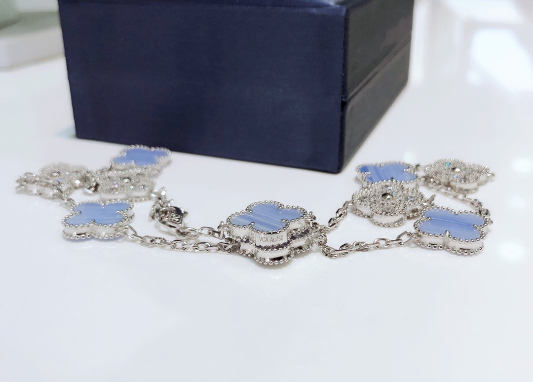 [Clover Jewelry]CLOVER 10 MOTIFS CHALCEDONY DIAMONDS SILVER NECKLACE