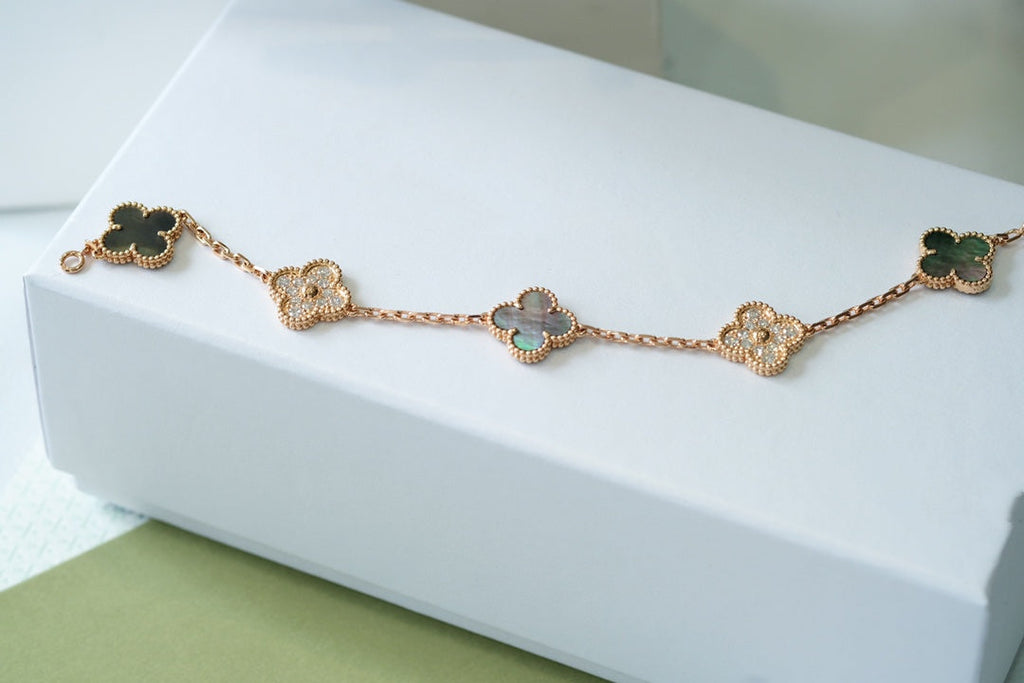 [Clover Jewelry]CLOVER 5 MOTIFS DARK MOP AND DIAMONDS PINK GOLD BRACELET