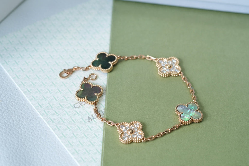 [Clover Jewelry]CLOVER 5 MOTIFS DARK MOP AND DIAMONDS PINK GOLD BRACELET