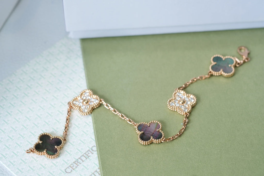 [Clover Jewelry]CLOVER 5 MOTIFS DARK MOP AND DIAMONDS PINK GOLD BRACELET