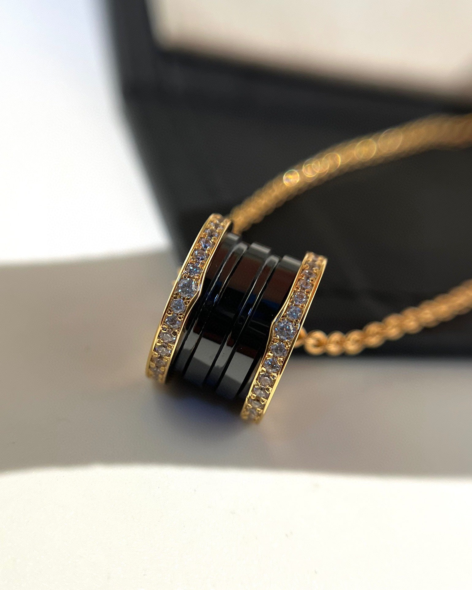 [Clover Jewelry]ZERO 1 BLACK CERAMIC DIAMOND PINK GOLD NECKLACE